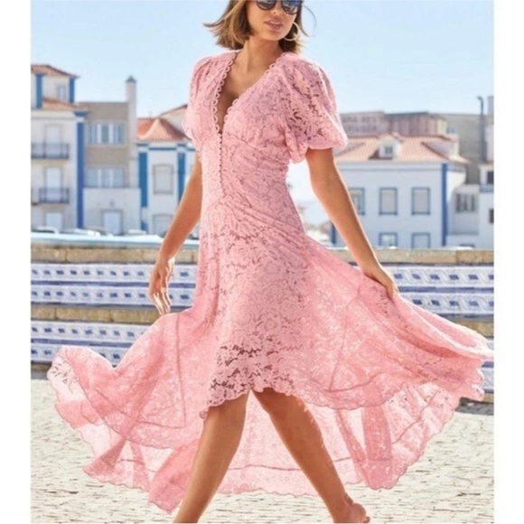 Boston Proper Candy Pink Puff Sleeve Lace High Low Dress Size 18 Wedding - Picture 1 of 9